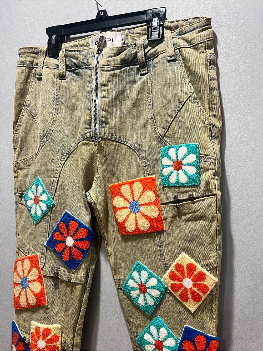 GUAPI Vintage Flowers Denim Stacked Jeans Men’s Size 34 Khaki Patchwork Flared - Picture 10 of 16